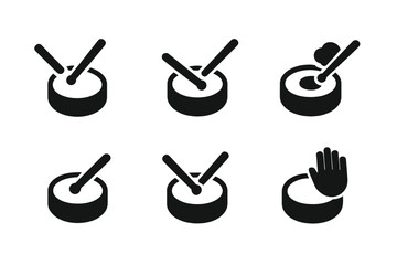 Drum Techniques Icons. Solid, filled icon set of drumhead playing techniques: rimshot, center strike, edge strike, muffled hit, ghost note, roll, tap, slap.