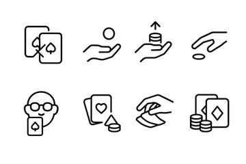Poker Actions Icons. Outline icon set of poker actions: fold, call, raise, check, bluff, all-in, shuffle, deal. Line icons in only black color, consistent