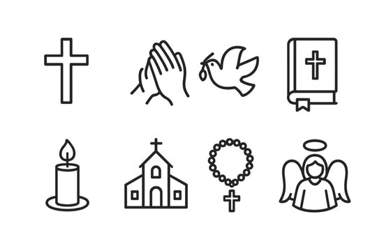 Faith Icon Set. Outline icon set of faith: cross, praying hands, dove, bible, candle, church, rosary, angel. Line icons in only black color, consistent stroke