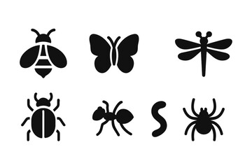 Fototapeta premium Black Insect Icons. Solid, filled icon set of chamomile garden insects and pollinators: bee, butterfly, ladybug, dragonfly, beetle, ant, worm, spider. Solid,
