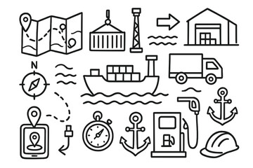 Shipping Logistics Icons. Hand-drawn doodle illustration shipping route cargo ship, container, map, compass, route line, crane, warehouse, truck, arrow, waves,