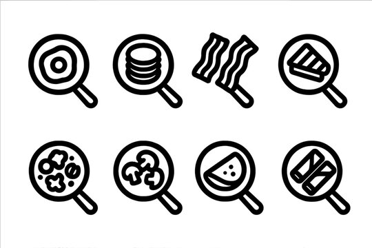 Frying Pan Icons. Solid, filled icon set of frying pan foods: fried egg, pancakes, bacon strips, grilled cheese, stir-fry veggies, sauteed mushrooms, omelette,