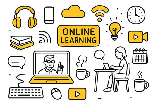 Virtual Learning Essentials. Online Learning. Hand-drawn doodle illustration online learning laptop (accented), headphones (accented), smartphone, cloud