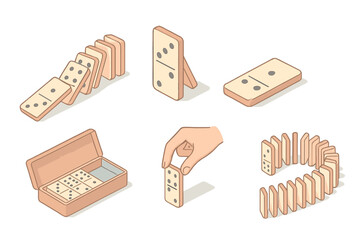 Domino Chain Reaction. Isometric vector illustration set Chain reaction pieces: domino tile line fall, first tile tipping, final