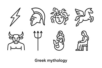 Greek Mythology Icon Set. Outline icon set of Greek mythology: Zeus lightning bolt, Athena helmet, Medusa head, Pegasus, Minotaur, Trident, Siren, Oracle. Line