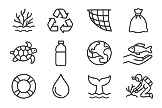 Ocean Conservation Icons. Ocean conservation. Line icon set of ocean conservation: coral reef, recycling sign, fish net, trash bag, sea turtle, plastic bottle,