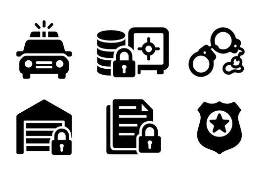 Law Enforcement Icons. Solid, filled icon set of law enforcement seizure: police car, confiscated assets, locked safe, handcuffs, secured warehouse, seized