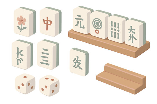 Mahjong Game Set. Isometric vector illustration set Mahjong complete set: mahjong tile chinese game, bamboo and character tiles,