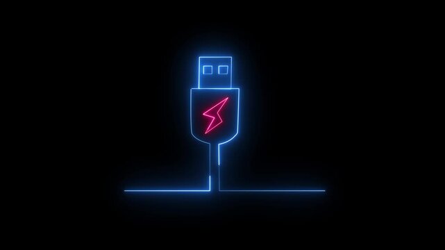 Abstract neon USB red blue color port icon set. computer device cyan color ,USB socket data cable symbol. connect external device USB sign. isolated on black background.4k video