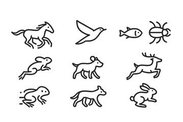Animal Movement Icons. Outline icon set of animal movement: running horse, flying bird, swimming fish, crawling insect, jumping frog, walking dog, galloping