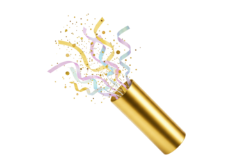 Golden party popper with confetti isolated PNG, celebration element for birthday and festive events on transparent background