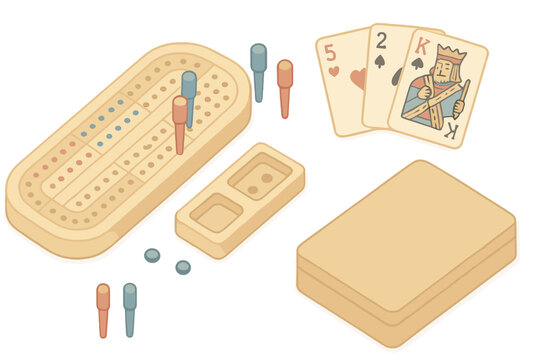 Cribbage Game Elements. Isometric vector illustration set Cribbage game elements: cribbage peg board points, red and blue pegs,