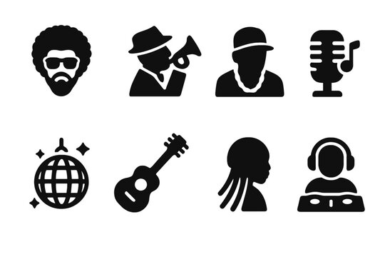 Music Icon Grid. Solid, filled icon set of groove history and culture: funk pioneers, jazz legends, hip-hop roots, soul music, disco era, blues tradition,
