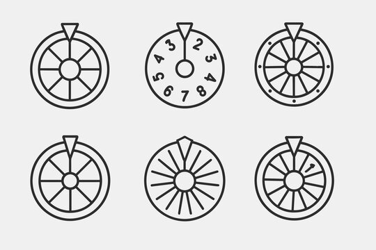 Fototapeta Numeric Wheel Icons. Outline icon set of numeric wheel: rotating disk, number markers, selector pointer, roulette layout, prize spinner, circular segments,