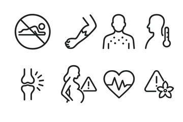 Massage Warning Icons. Outline icon set of massage contraindications: no massage sign, injury, rash, fever, inflammation, pregnancy caution, heart condition,