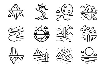 Fototapeta premium Surreal Icon Landscapes. Surreal landscapes. Line icon set of surreal landscapes: floating mountain, twisted tree, oversized moon, glowing river, mirrored