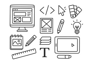 Web Design Doodle Icons. Hand-drawn doodle illustration web design computer screen, code brackets, mouse pointer, wireframe, color palette, pencil, sketchbook,