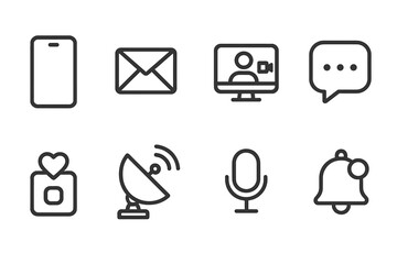 Digital Communication Icons. Outline icon set of digital empire communication tools: smartphone, email, video call, chat bubble, social media, satellite dish,