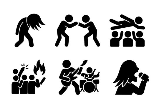 Metal Music Icons. Solid, filled icon set of metal performance elements: headbanging, mosh pit, stage diving, pyrotechnics, crowd surfing, guitar solo, drum