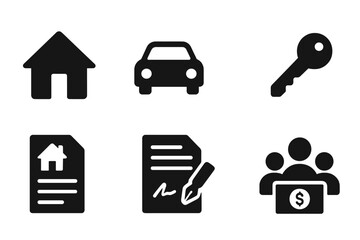 Shared Ownership Icons. Solid, filled icon set of shared ownership: house, car, handshake, key, contract, property document, money stack, community group.