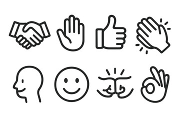 Fototapeta premium Approval Gestures Icons. Solid, filled icon set of approval gestures: handshake, high five, thumbs up, clapping, nodding, smiling face, fist bump, OK sign.