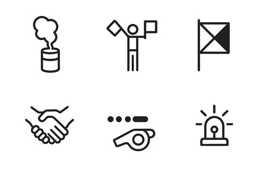 Secret Signals Icons. Outline icon set of secret signals: smoke signal, flashlight, semaphore, coded flag, secret handshake, morse code, whistle, blinking