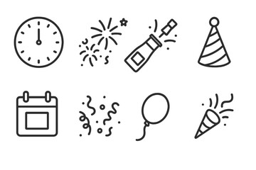 New Year and Religion Icons. Outline icon set of New Year celebration: clock striking twelve, fireworks, champagne bottle, party hat, calendar, confetti,