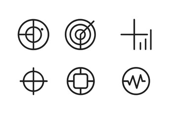 Radar Icon Set. Outline icon set of radar indicators: target blip, scanning beam, range rings, bearing line, signal bar, tracking crosshair, lock-on icon,