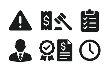 Tax Compliance Icons. Solid, filled icon set of tax penalties and compliance: warning sign, fine ticket, court gavel, audit checklist, tax lawyer, compliance