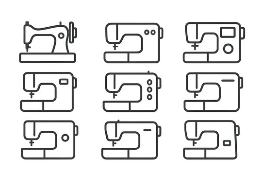 Sewing Machine Icons. Outline icon set of sewing machine brands: Singer, Brother, Janome, Bernina, Juki, Pfaff, Husqvarna, Kenmore. Line icons in only black