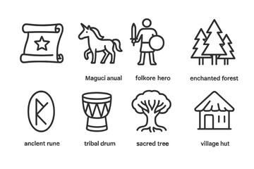 Folklore Icon Set. Outline icon set of legendary folklore: mythical scroll, magical animal, folklore hero, enchanted forest, ancient rune, tribal drum, sacred