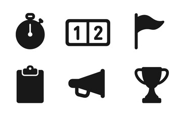 Rivalry Icons Set. Solid, filled icon set of rivalry competition tools: stopwatch, scoreboard, whistle, flag, clipboard, megaphone, trophy, medal. Solid,