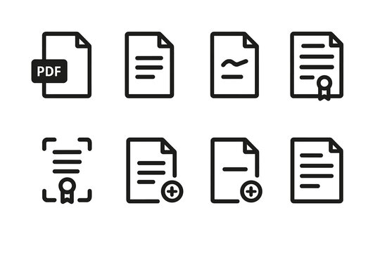 Icon Set_ Contract Types. Solid, filled icon set of contract document types: PDF file, Word document, handwritten note, printed contract, scanned copy,