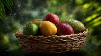 A wicker basket full of colorful tropical fruit in the rain, with a tropical background of green leaves.