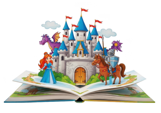 Open fairytale book with princess, knight, dragon and castle isolated on transparent background