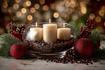 Festive candle display with coffee beans