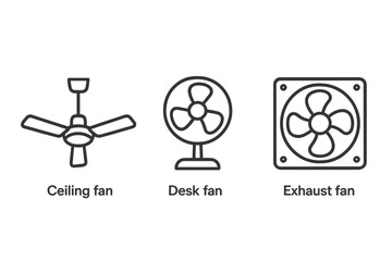Fan Icon Collection. Outline icon set of fan types: ceiling fan, desk fan, exhaust fan,
