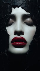 Woman's face framed by dark material, eyes closed. A dramatic close-up highlights beauty and fragility. Beauty concept, dark elegance, introspective mood.