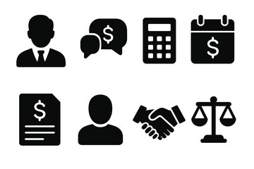 Credit Counseling Icons. Solid, filled icon set of credit counseling: advisor, speech bubbles, calculator, calendar, report, person silhouette, handshake,