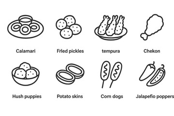 Fried Bar Food Icons. Outline icon set of fried bar food: calamari, fried pickles, tempura, fried chicken, hush puppies, potato skins, corn dogs, jalapeno
