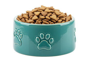 Dog food in a blue bowl isolated, dry pet food with paw prints for animal nutrition and feeding on a clean background