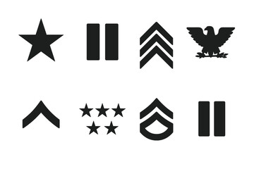 Military Rank Icons. Solid, filled icon set of military ranks: general insignia, captain bars, sergeant stripes, colonel eagle, private chevron, admiral stars,