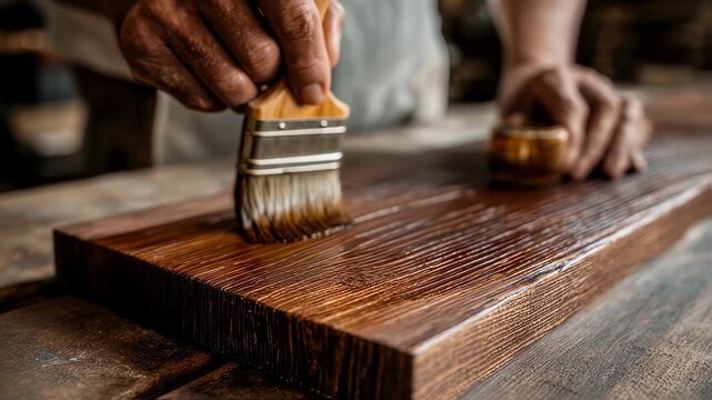 Focused medium shot of hands applying natural soybased varnish on cabin furniture representing ecosafe finishes derived from renewable resources in sustainable interior design.