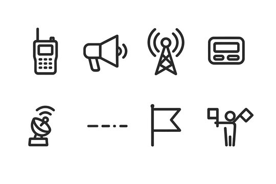 Communication Signal Icons. Outline icon set of communication signals: walkie-talkie, megaphone, radio transmitter, pager, satellite, Morse code, signal flag,