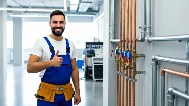 Smiling male pipefitter in uniform giving thumbs up near plumbing system installation in modern boiler room, video footage.