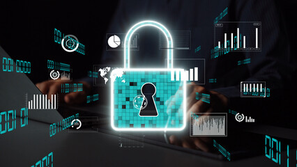 A visual representation of cyber security, showcasing a digital padlock symbol overlaid on technology charts and graphs, emphasizing data protection and security measures. Xenic