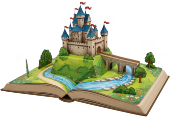 Fairytale popup book with castle and landscape, isolated on transparent background