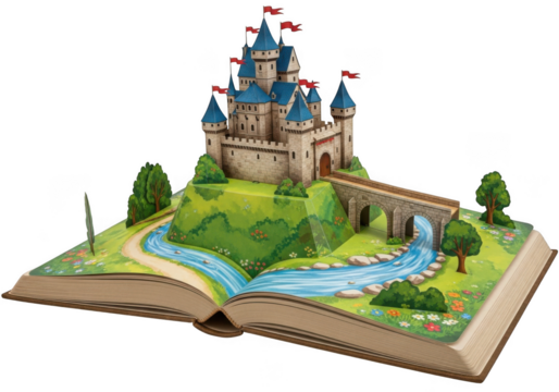 Fairytale popup book with castle and landscape, isolated on transparent background