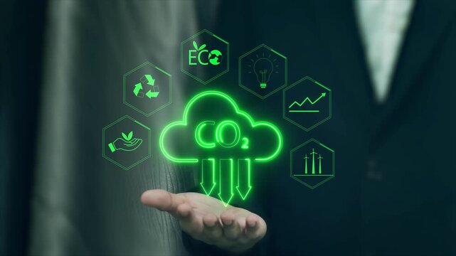 Carbon footprint reduction and eco sustainability concept with green CO2 cloud, renewable energy, and environmental icons, ideal for ESG strategies, green tech, and corporate responsibility visuals.