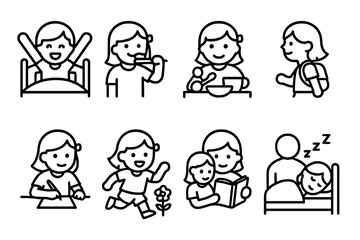 Fototapeta premium Sister's Daily Routine Icons. Outline icon set of sister?s daily routine: waking up, brushing teeth, eating breakfast, going to school, doing homework, playing